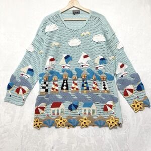 Vintage Berek Seascape Nautical Sailor Beach Cardigan Large Blue Lighthouse